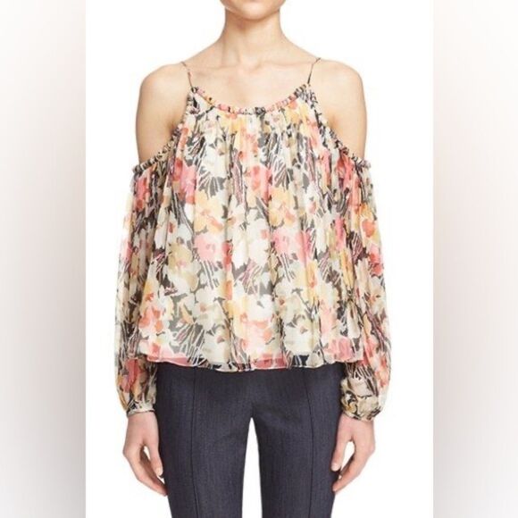Maylin' Silk Cold Shoulder Floral Print Blouse - Picture 1 of 4